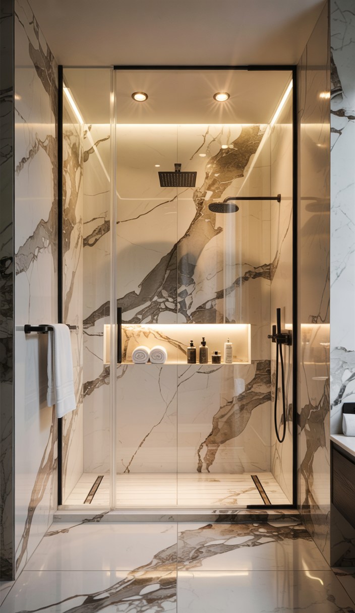 Luxury Marble Shower Design Ideas with Modern Black Fixtures