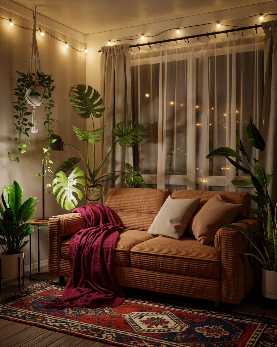 Cozy Bedroom Ideas with Plants and Warm Lighting for Small Spaces