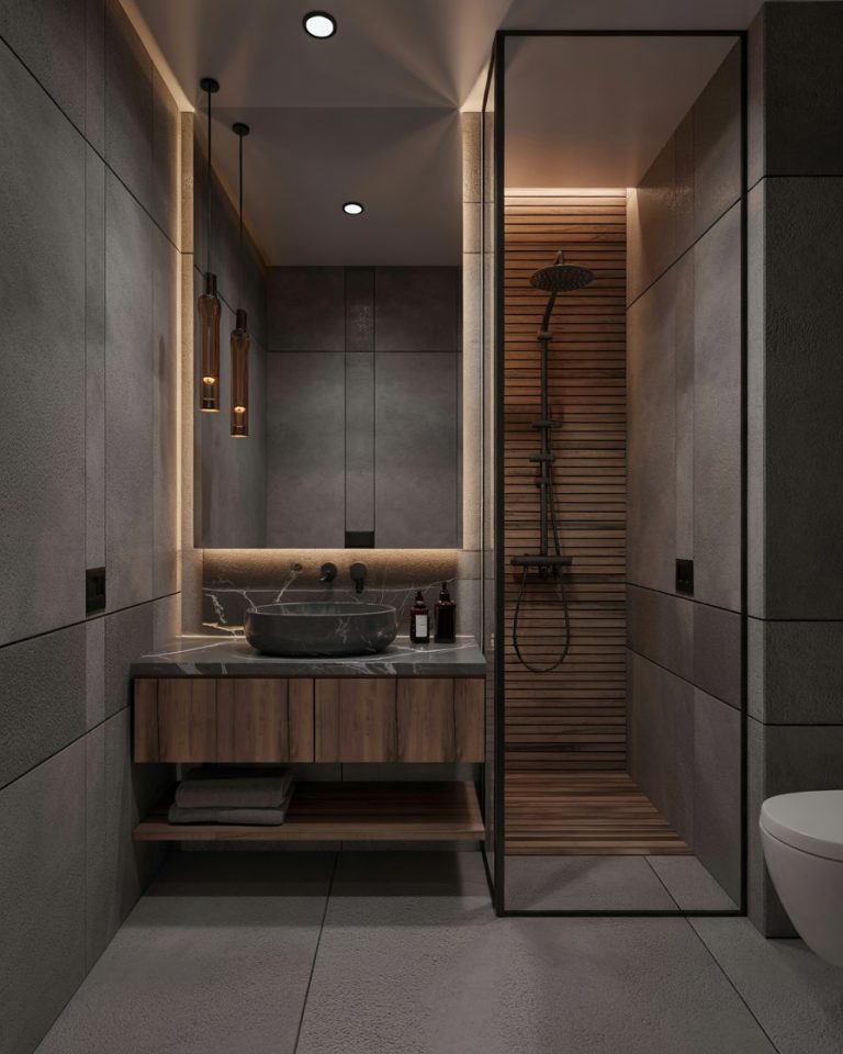 Modern Luxury Bathroom Design with Marble & Wood Accents