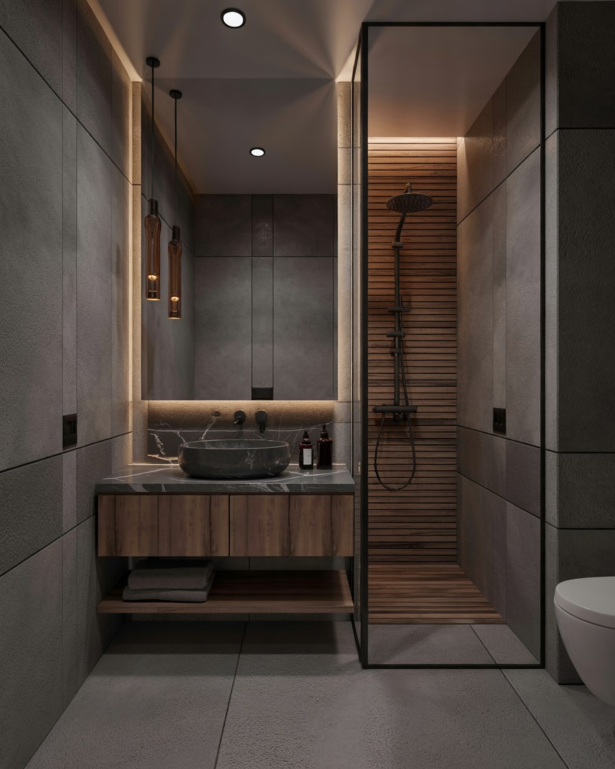 Modern Luxury Bathroom Design with Marble & Wood Accents