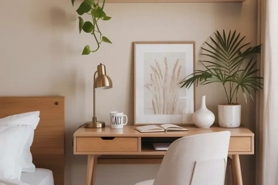 How to set up a minimalist home office in a bedroom corner | desk decor + shelving