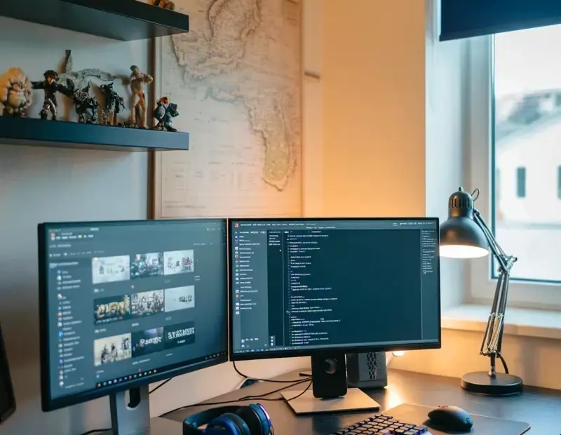 Dual monitor desk setup for gaming and programming - cozy home office inspiration