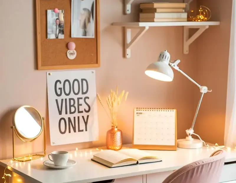 Cozy Home Office Workspace with Pink Chair and White Desk Decor ✨