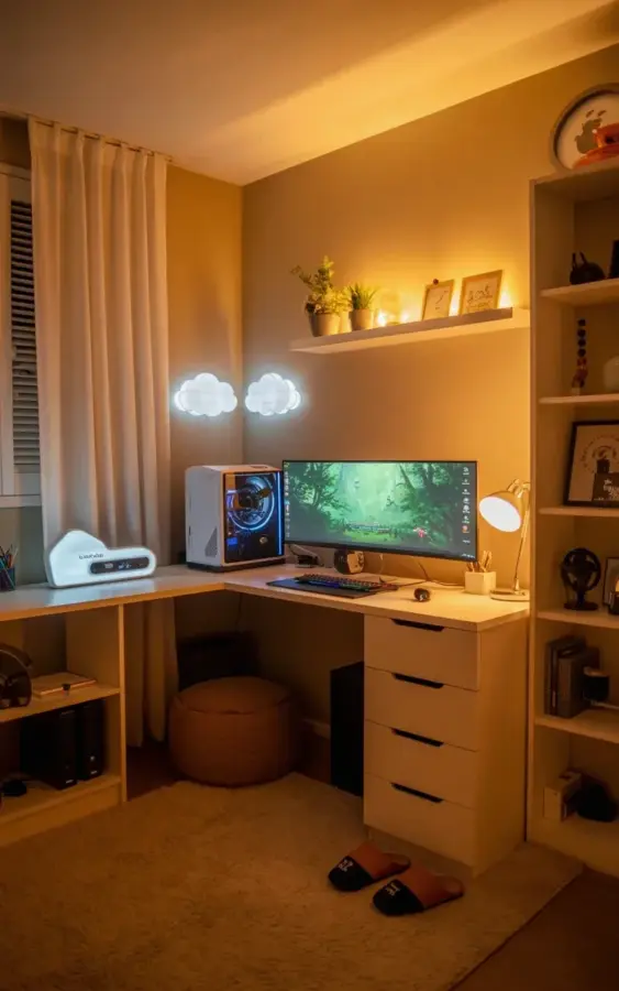 Budget-Friendly Cozy Gaming Setup with Warm Lights and Plants