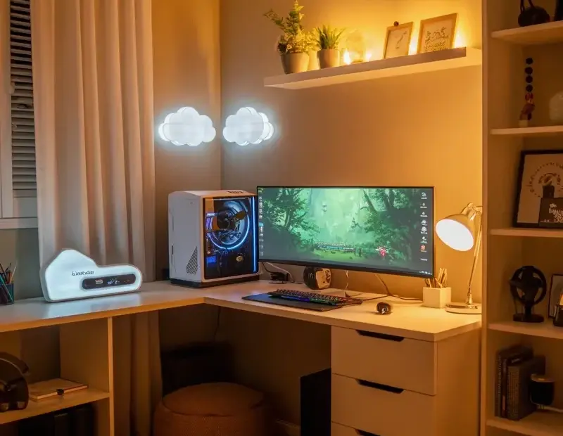 Budget-Friendly Cozy Gaming Setup with Warm Lights and Plants