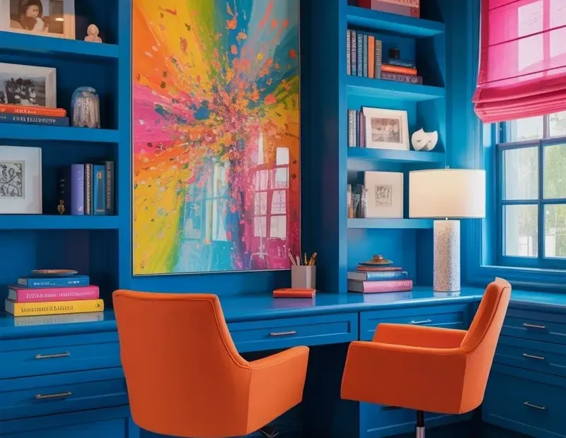 Budget-Friendly Home Office Decor: Bold Orange Ceiling & Blue Built-Ins