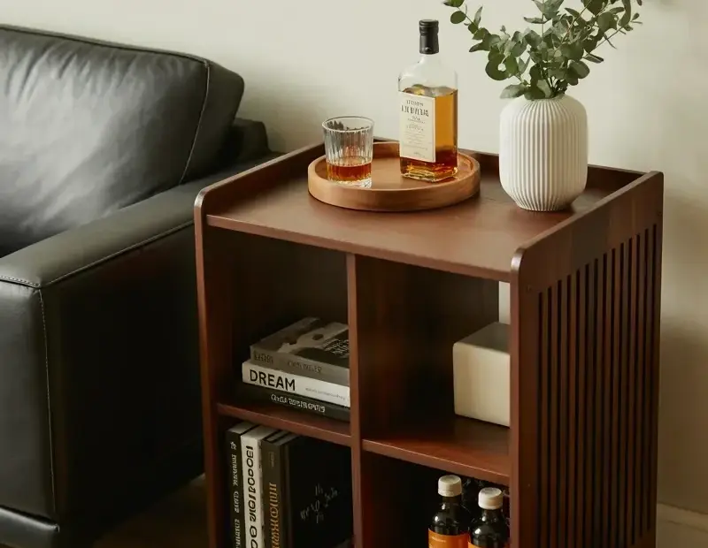 Cozy living room bar cart with whiskey and eucalyptus decor