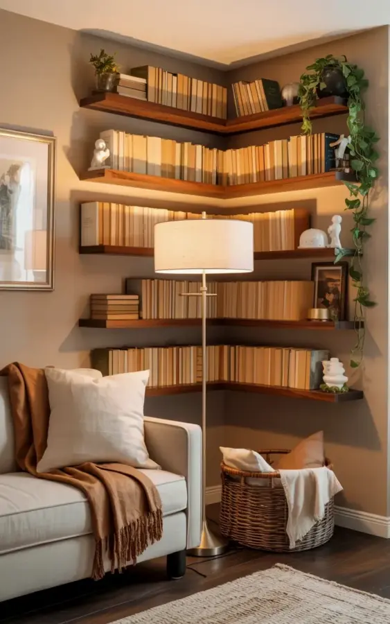 Corner Reading Nook Transformation: Triangular Floating Bookshelves & a Cozy Armchair