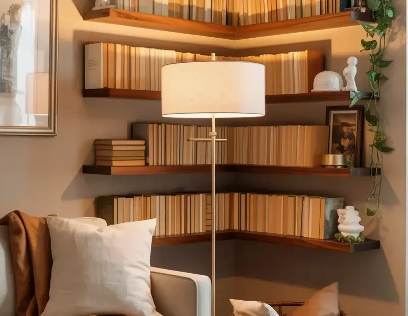 Corner Reading Nook Transformation: Triangular Floating Bookshelves & a Cozy Armchair