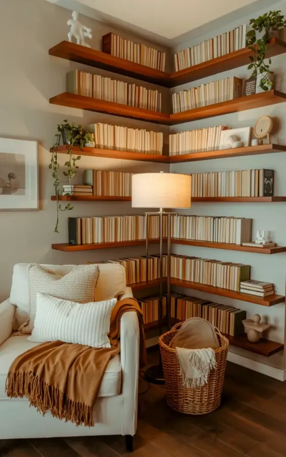 Budget Cozy Reading Nook Ideas with Corner Floating Shelves