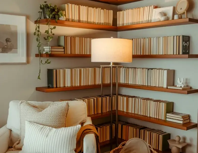 Budget Cozy Reading Nook Ideas with Corner Floating Shelves