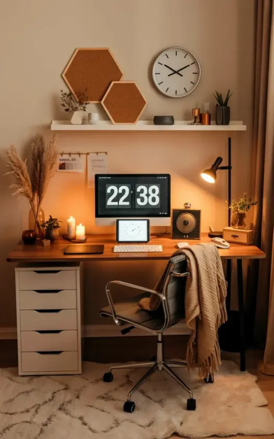 Cozy Home Office Desk Setup with Hexagon Cork Boards & Throw Blanket