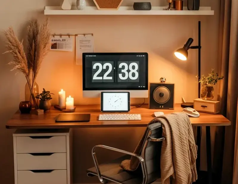 Cozy Home Office Desk Setup with Hexagon Cork Boards & Throw Blanket