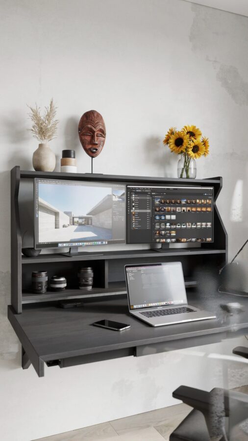 Wall-mounted desk for small home office | DropTop by Pith & Stem | Space-saving desk setup ideas