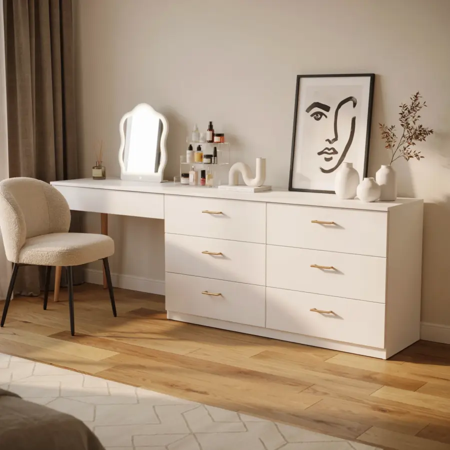White Modern Wood Makeup Vanity with 8 Drawers | Minimalist Desk Inspo for Home Office