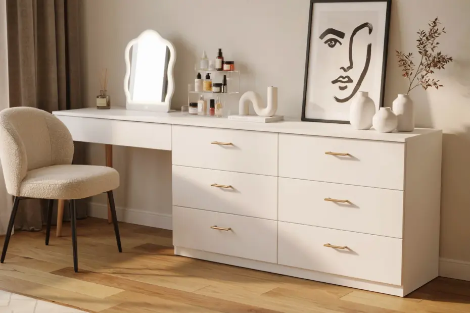 White Modern Wood Makeup Vanity with 8 Drawers | Minimalist Desk Inspo for Home Office