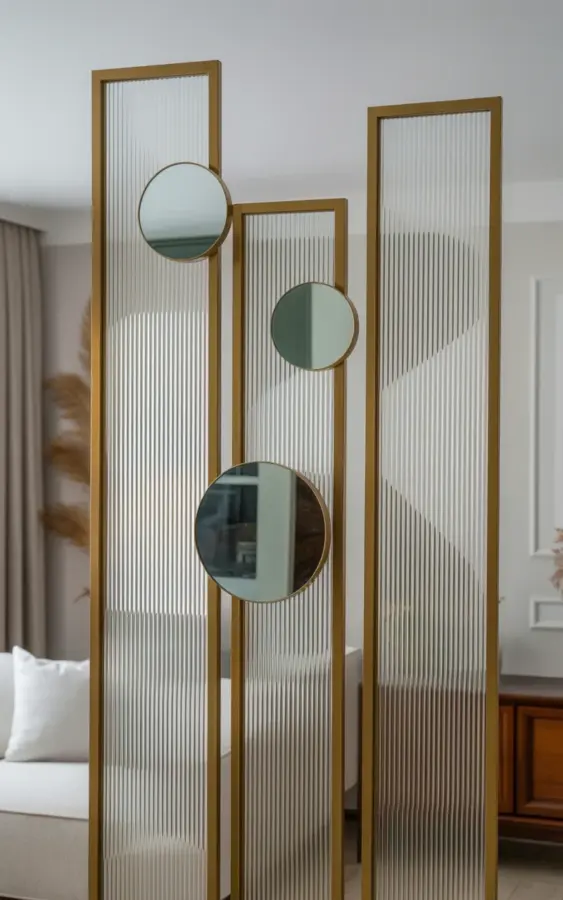 Home Office Wall Panels | Ribbed Glass with Gold Frames | Elegant Staggered Decor