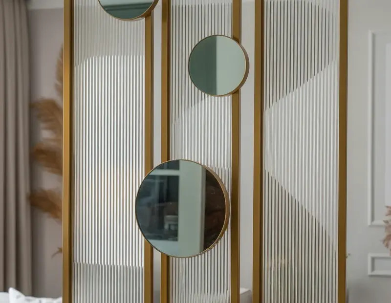Home Office Wall Panels | Ribbed Glass with Gold Frames | Elegant Staggered Decor