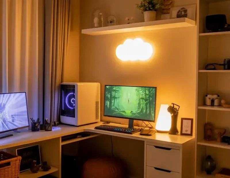 Cozy gaming setup transformation: white L-desk, dual monitors & cloud light