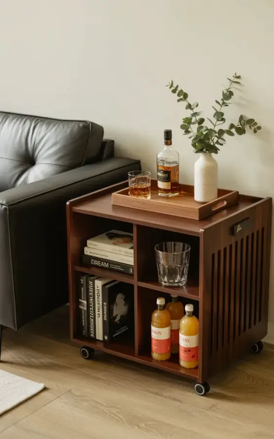 How I Styled My Bar Cart Next to a Leather Sofa (Before + After)