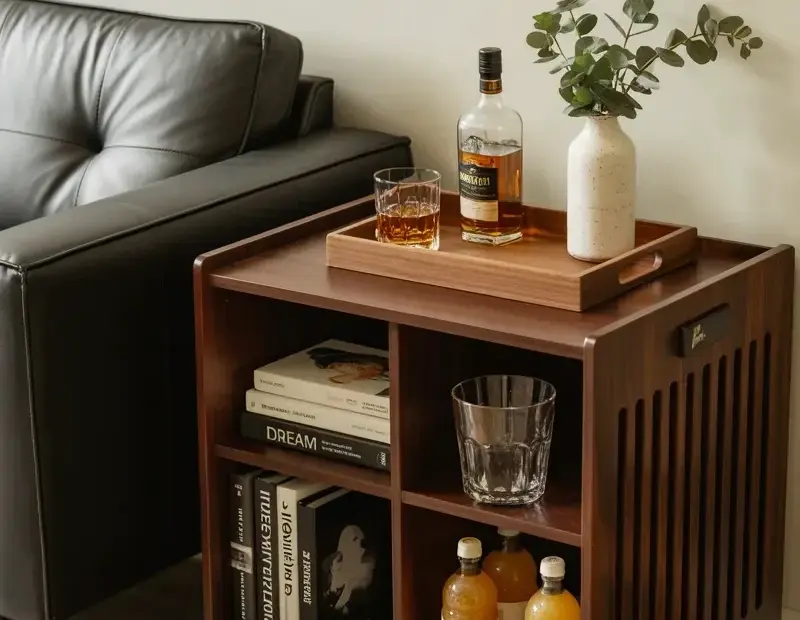 How I Styled My Bar Cart Next to a Leather Sofa (Before + After)