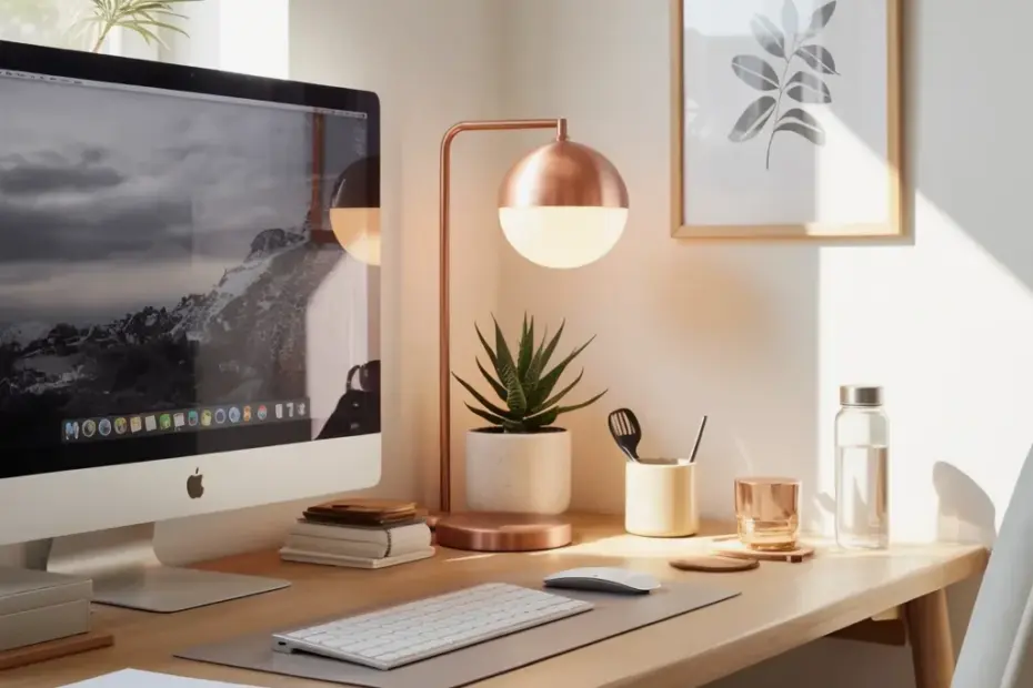 Modern Minimalist Home Office Setup with a Cozy Succulent and Wood Desk
