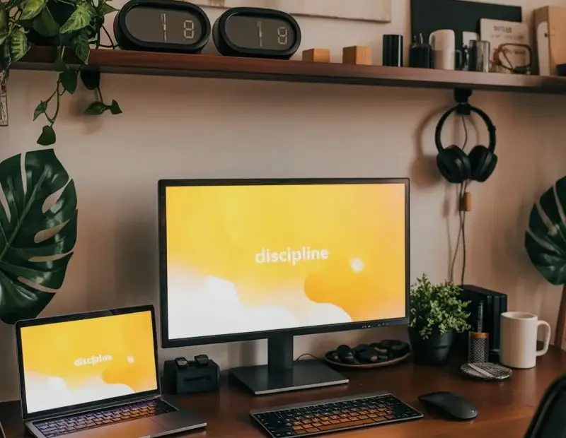 Home Office Setup Mistake to Avoid | Dark Wood Desk with Monstera & Digital Clocks
