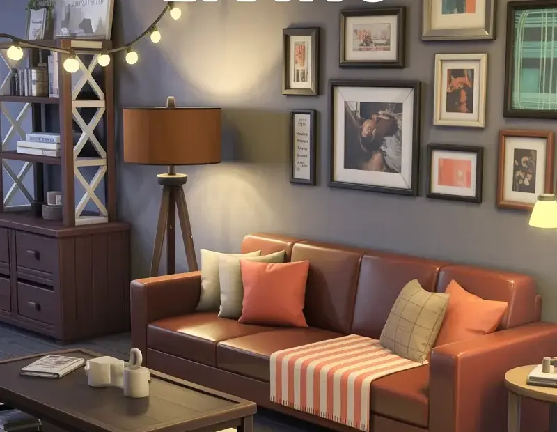 Sims 4 Living Room Ideas: Brown Leather Sectional & String Lights