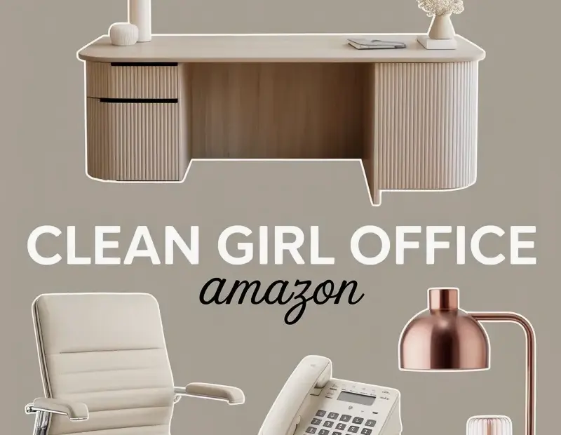 Clean Girl Office Ideas - Cozy Minimalist Desk Setup With Wood Desk & Rattan Chandelier