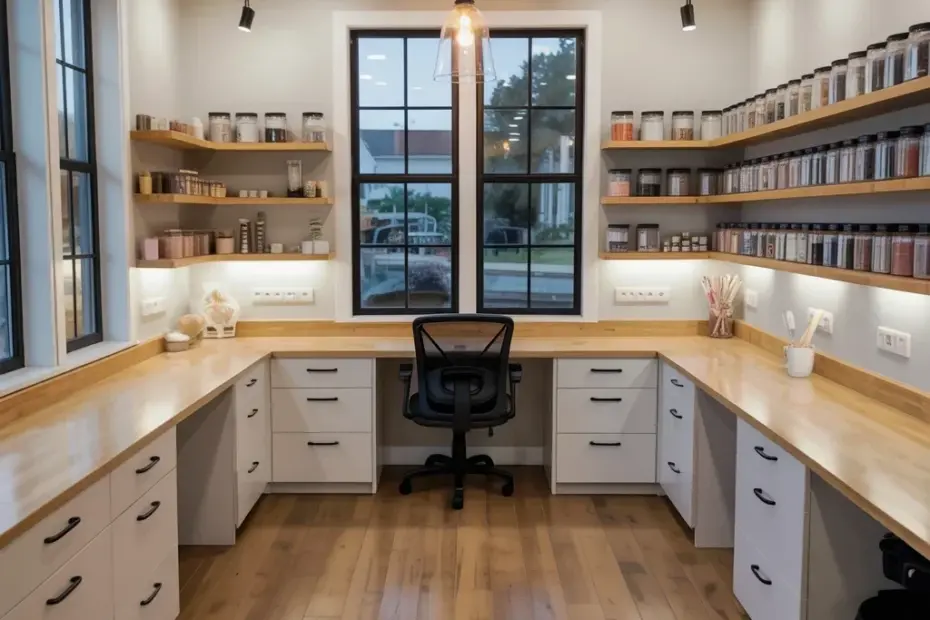Home Office Craft Room Combo - Wrap-Around Desk Setup for Work + Hobbies