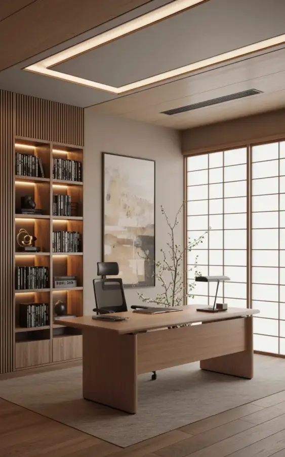 Japanese Style Home Office with Shoji Screens - A Peaceful Winter Workspace