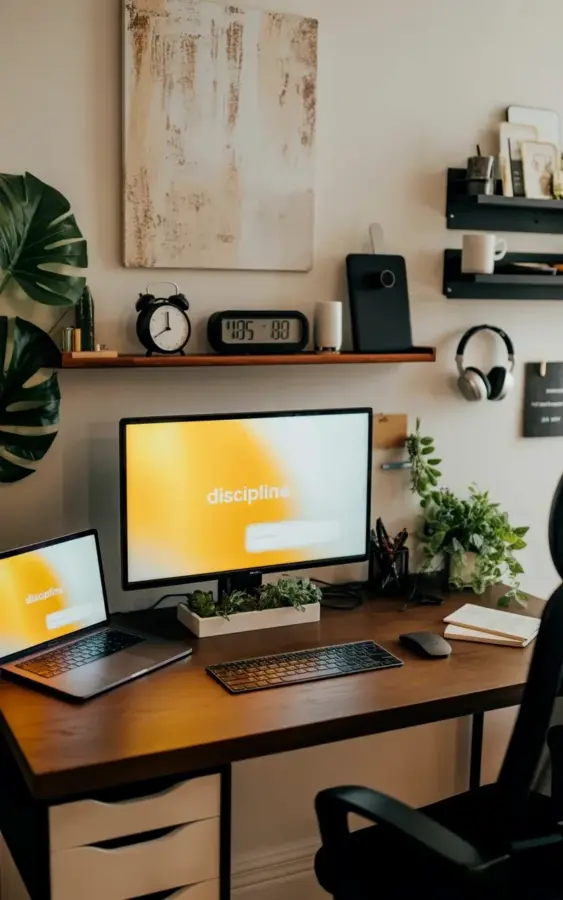 Budget Home Office Setup Ideas - Dark Desk + Monstera Plants for Focus