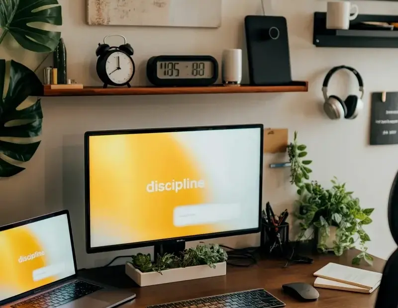 Budget Home Office Setup Ideas - Dark Desk + Monstera Plants for Focus