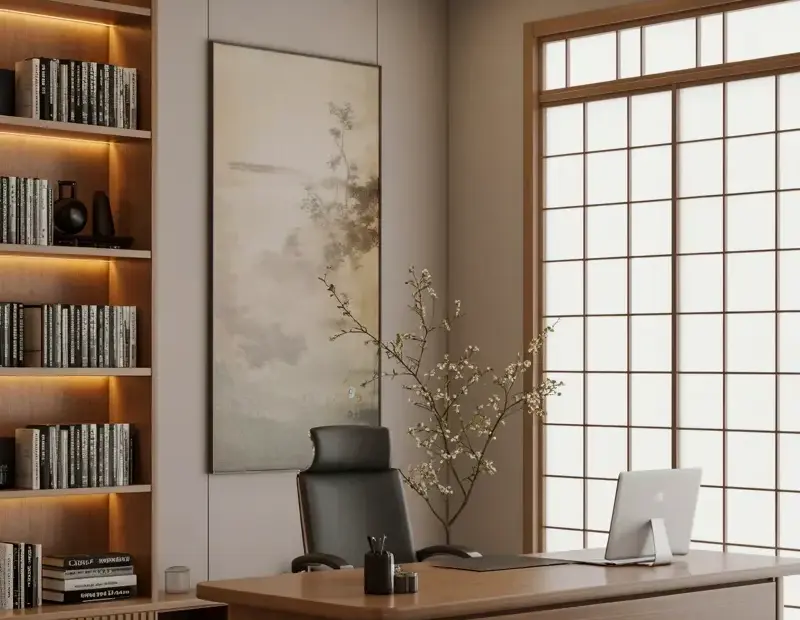Japanese-inspired office with a shoji screen and warm shelving for cozy workdays